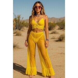 Vibrant Yellow Lace Bralette and Sheer Pants Set